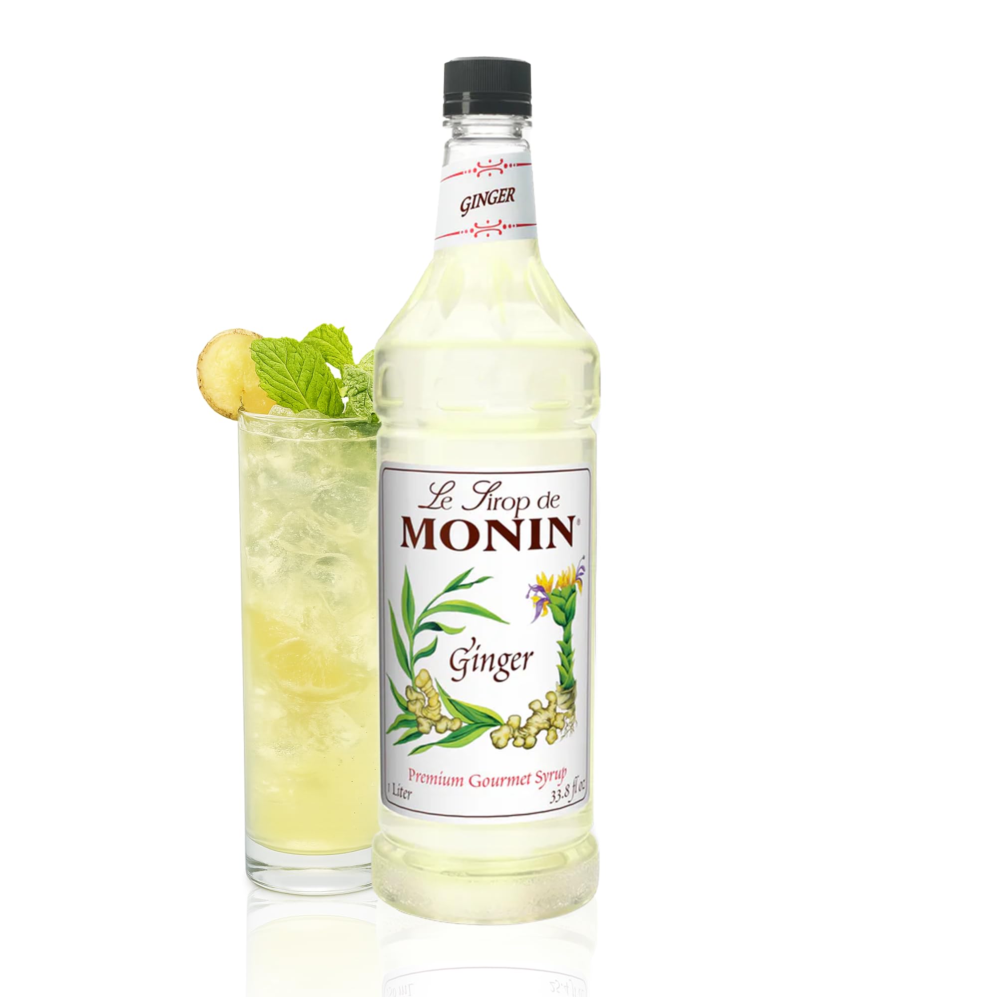 Monin ginger syrup front bottle view showing label and product clarity benefit