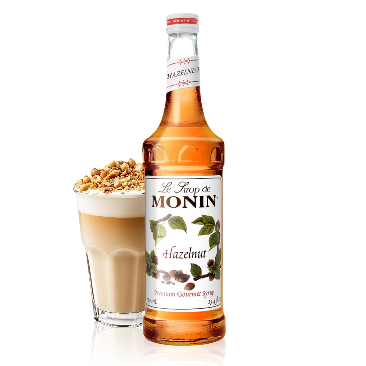 Monin bottle front view showing hazelnut syrup and clear labeling for easy use