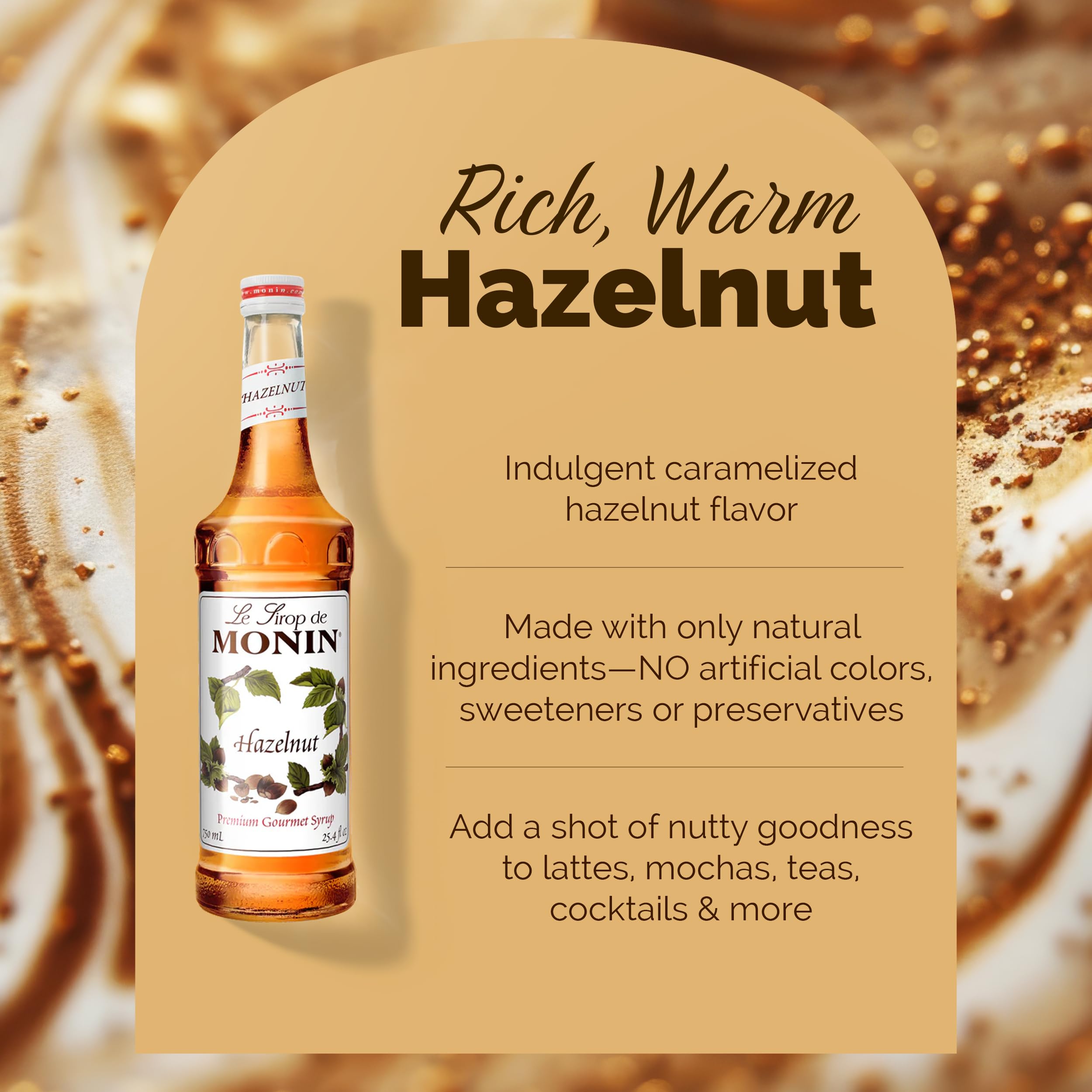 Monin hazelnut syrup added to latte showing creamy texture and enhanced aroma
