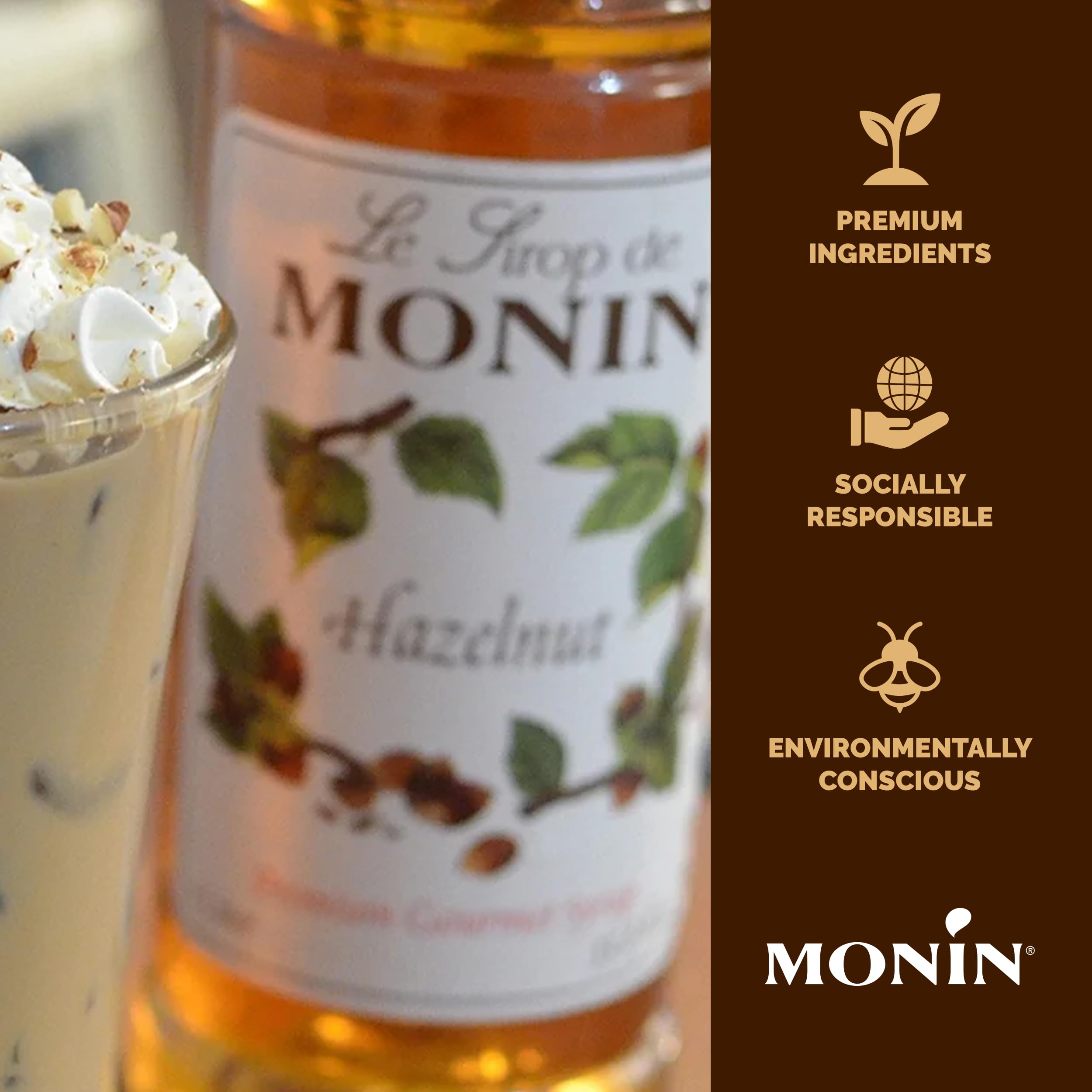 Monin hazelnut close-up on label highlighting clean-label certifications and benefits