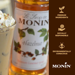 Monin hazelnut close-up on label highlighting clean-label certifications and benefits
