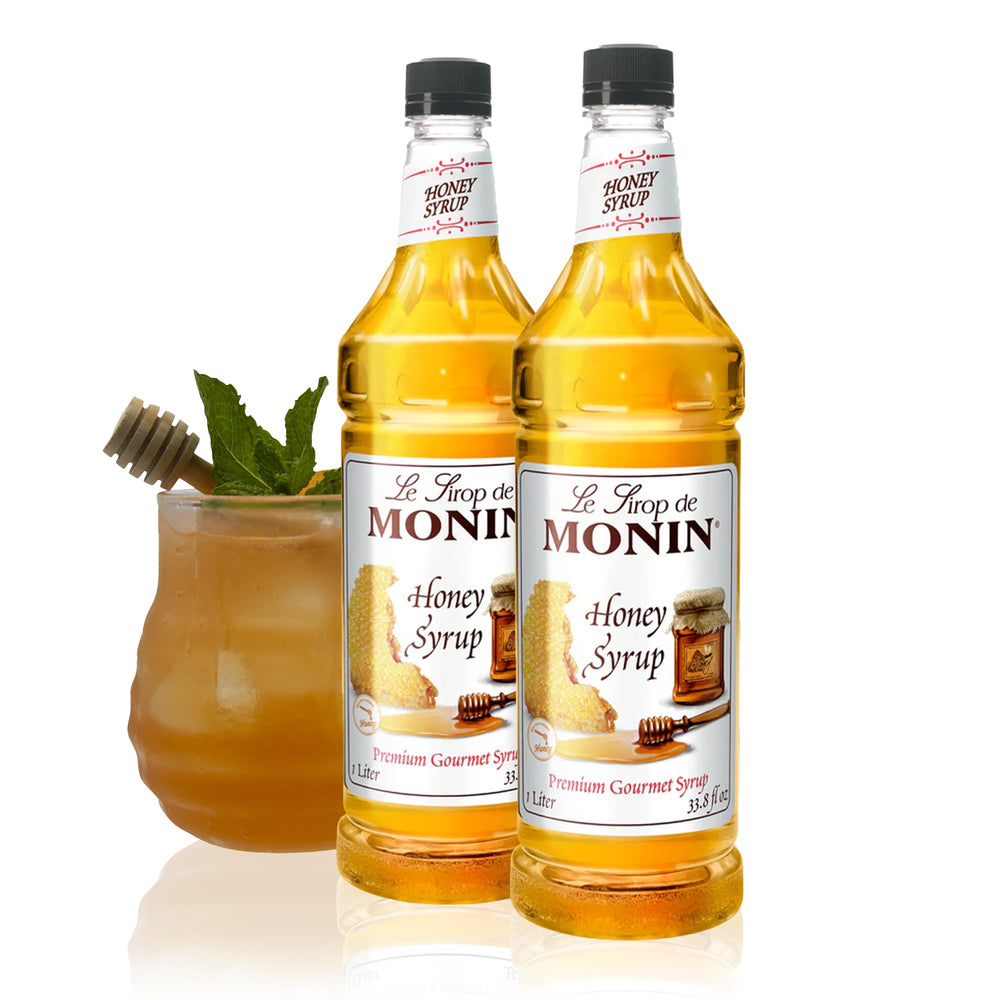 Monin honey syrup front packaging showing bottle and 1L label, clear convenience
