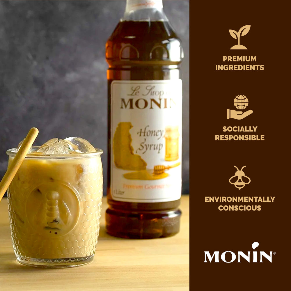 Monin honey syrup added to coffee cup for enhanced flavor in beverages