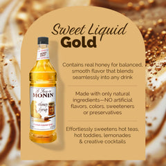 Monin honey syrup label detail with ingredient callouts and clean-label benefit
