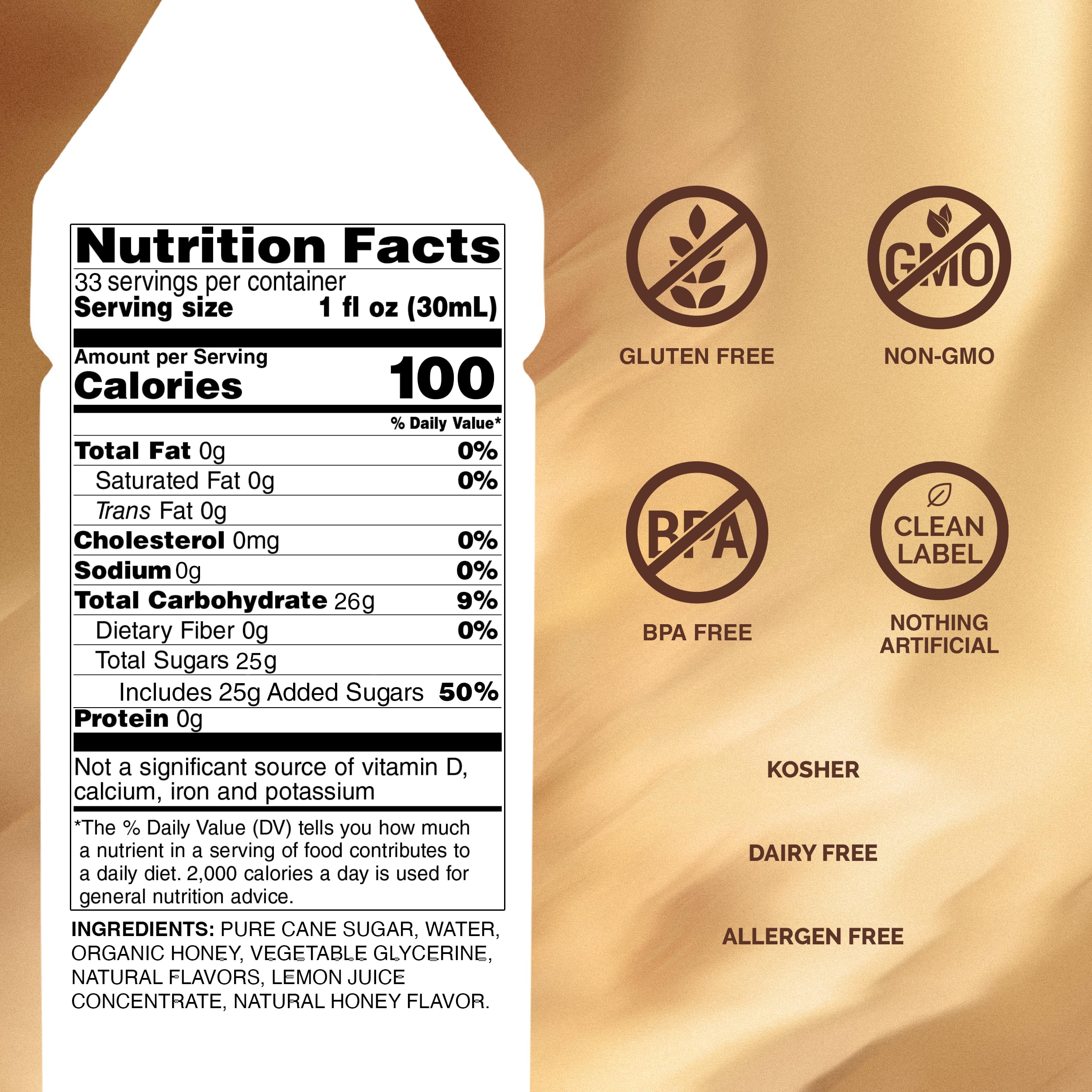 Monin honey syrup close-up texture on spoon highlighting smooth pourability