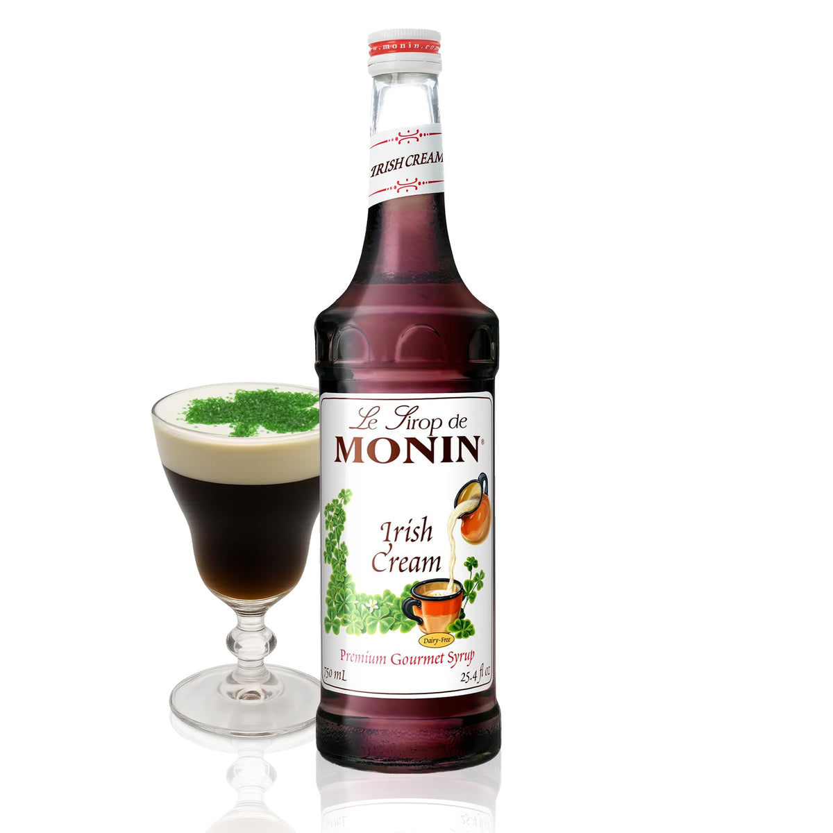 Monin Irish Cream front bottle view showing premium packaging and easy-pour benefit