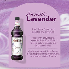 Monin syrup pouring close-up highlighting delicate purple color and syrup texture benefit
