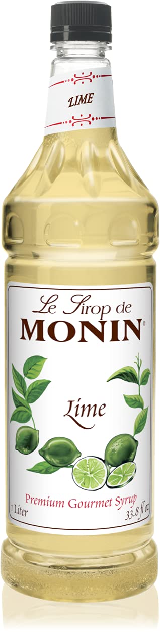 Monin lime syrup front bottle showing label and size for easy identification and storage