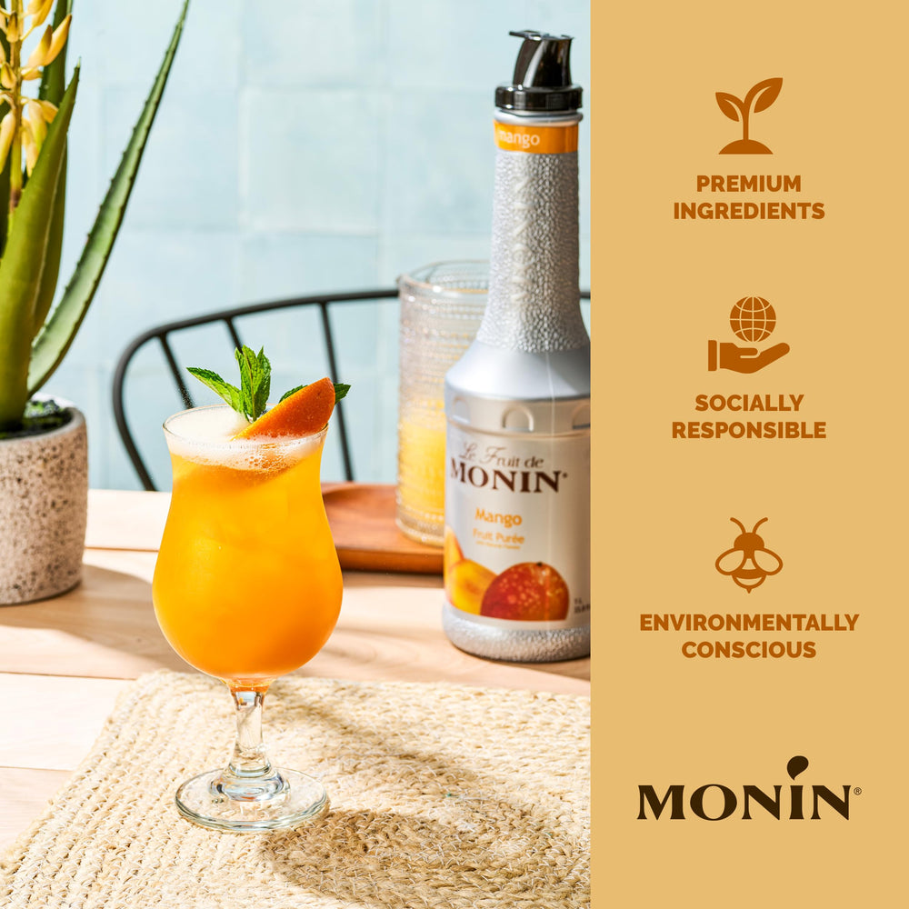 Monin Mango Fruit Purée label detail highlighting ingredients and clean label