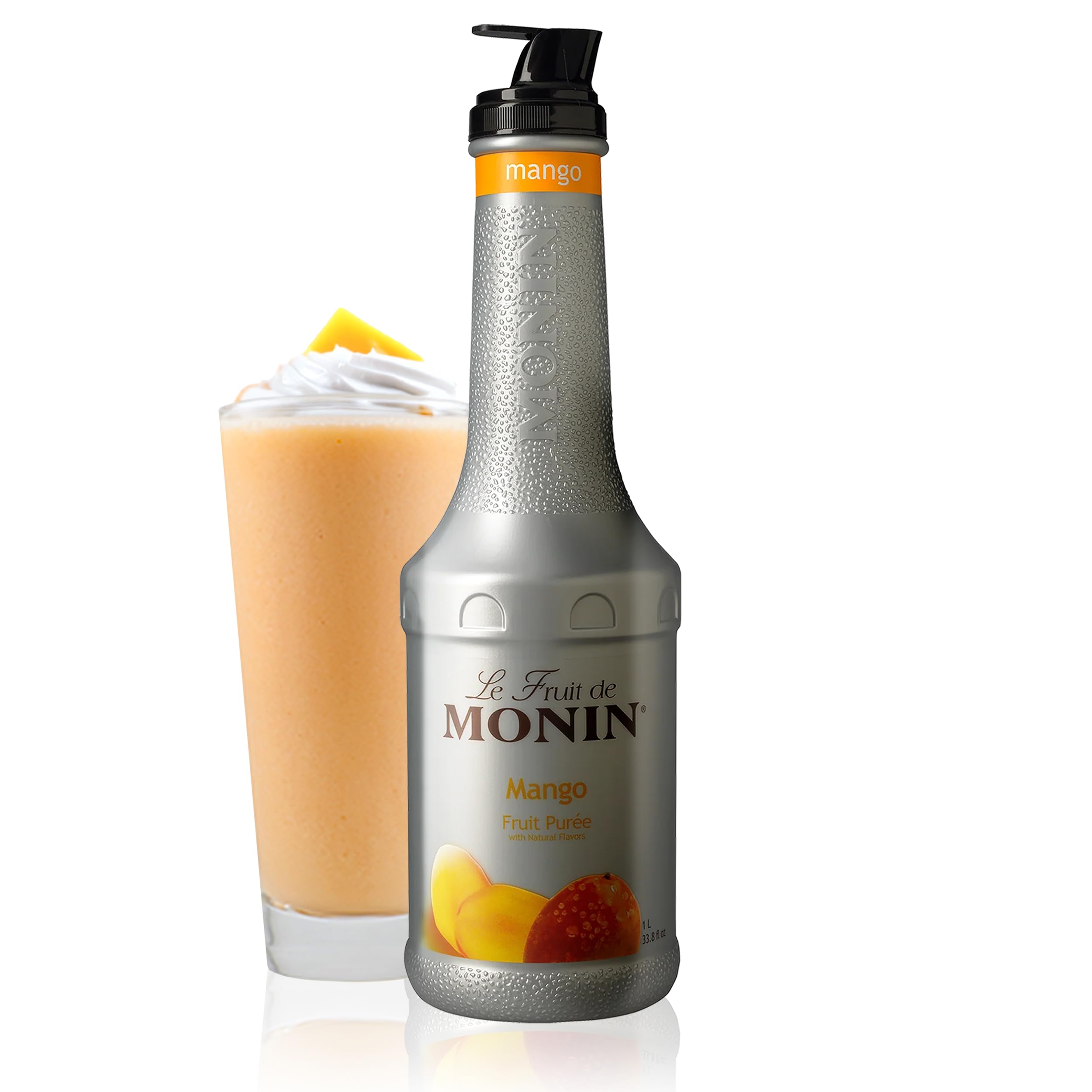 Monin Mango Fruit Purée front bottle showing label for authentic mango flavor