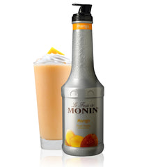 Monin Mango Fruit Purée front bottle showing label for authentic mango flavor