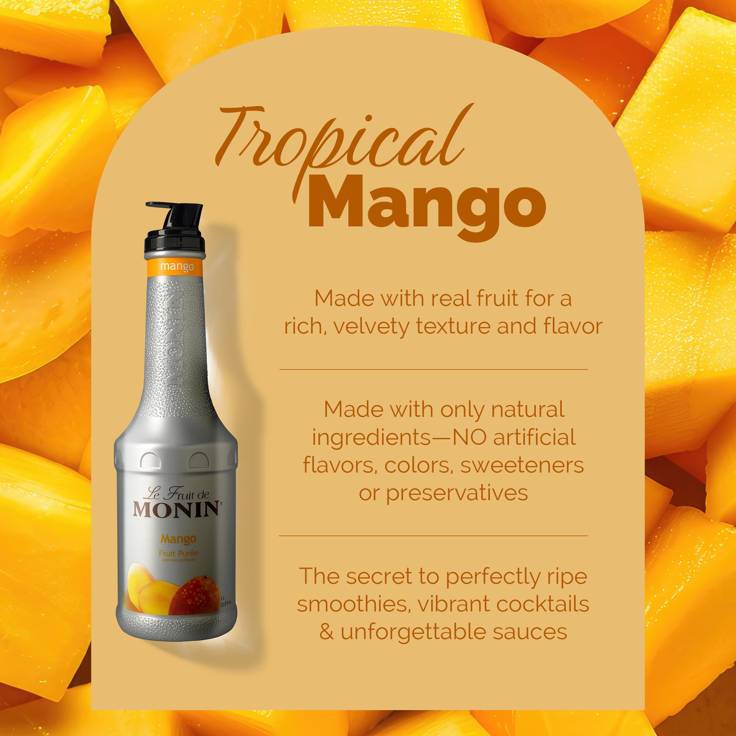 Monin Mango Fruit Purée blended smoothie in glass showing creamy result