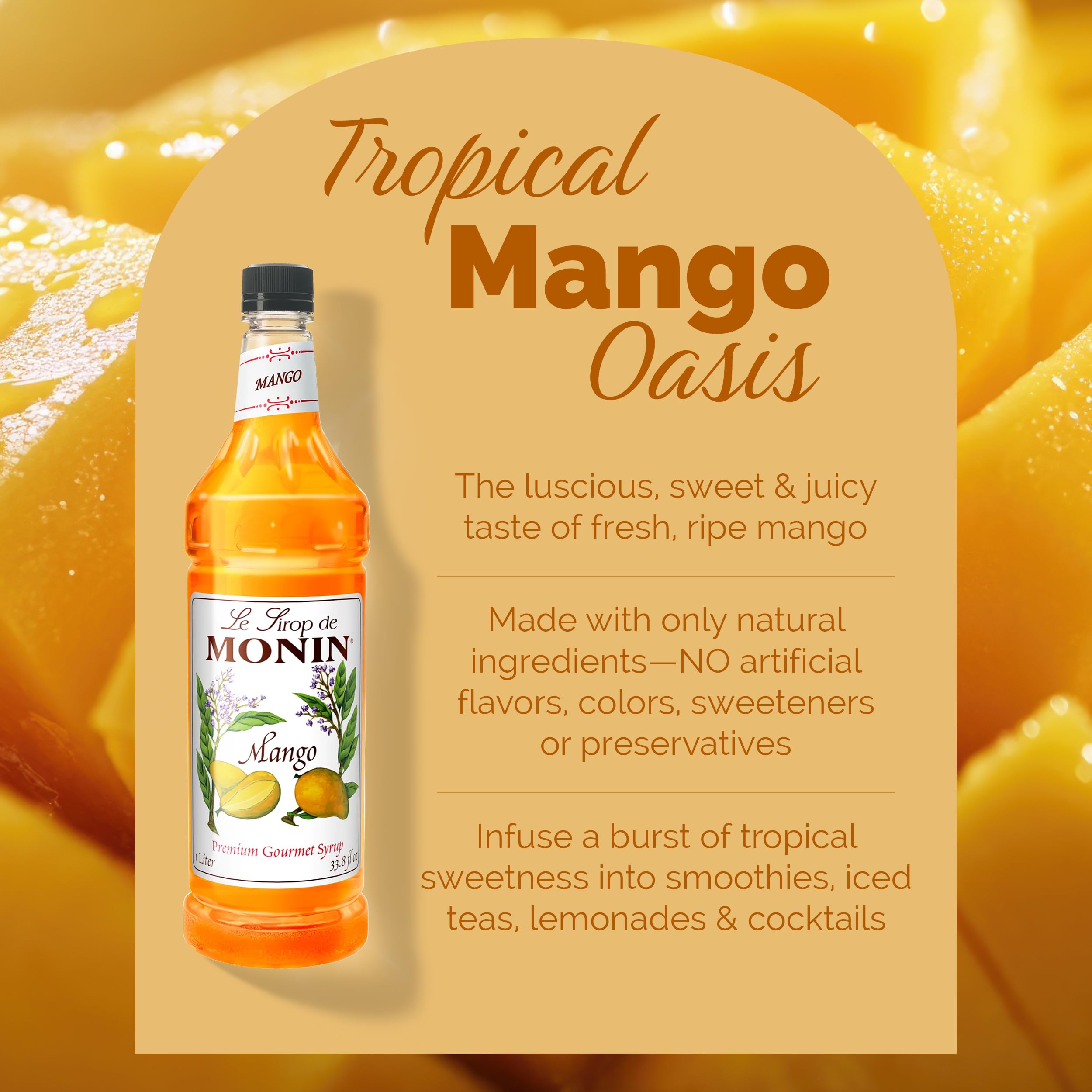 Monin mango syrup mixed in a tropical cocktail for vibrant flavor