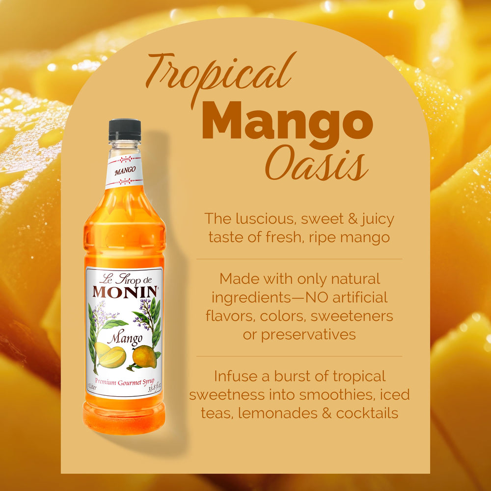 Monin mango syrup mixed in a tropical cocktail for vibrant flavor