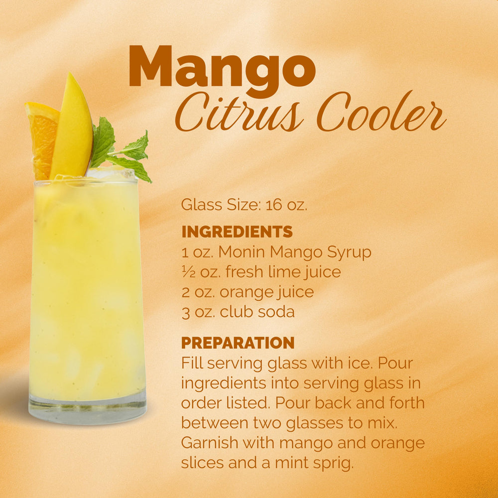 Monin mango syrup label closeup highlighting clean-label and dietary benefits