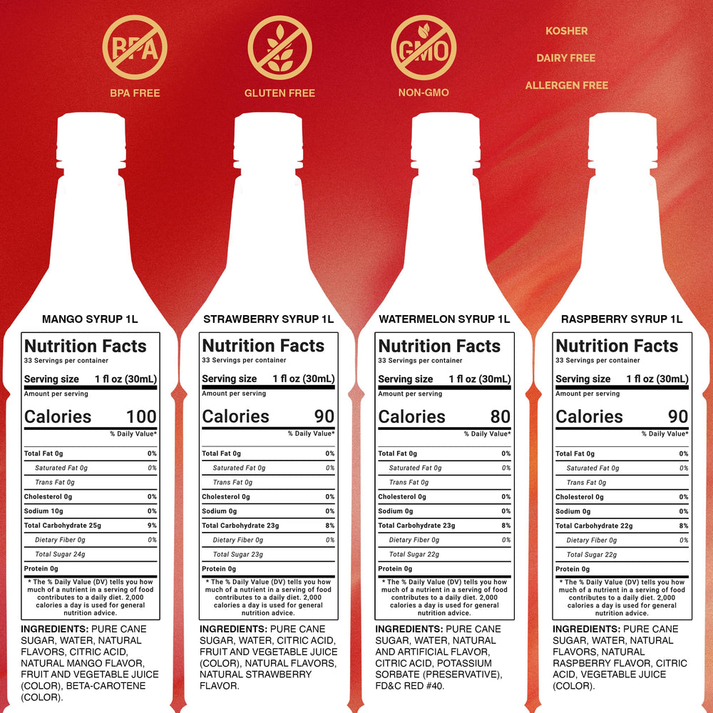 Monin mango syrup pour close-up highlighting syrup texture and tropical flavor boost