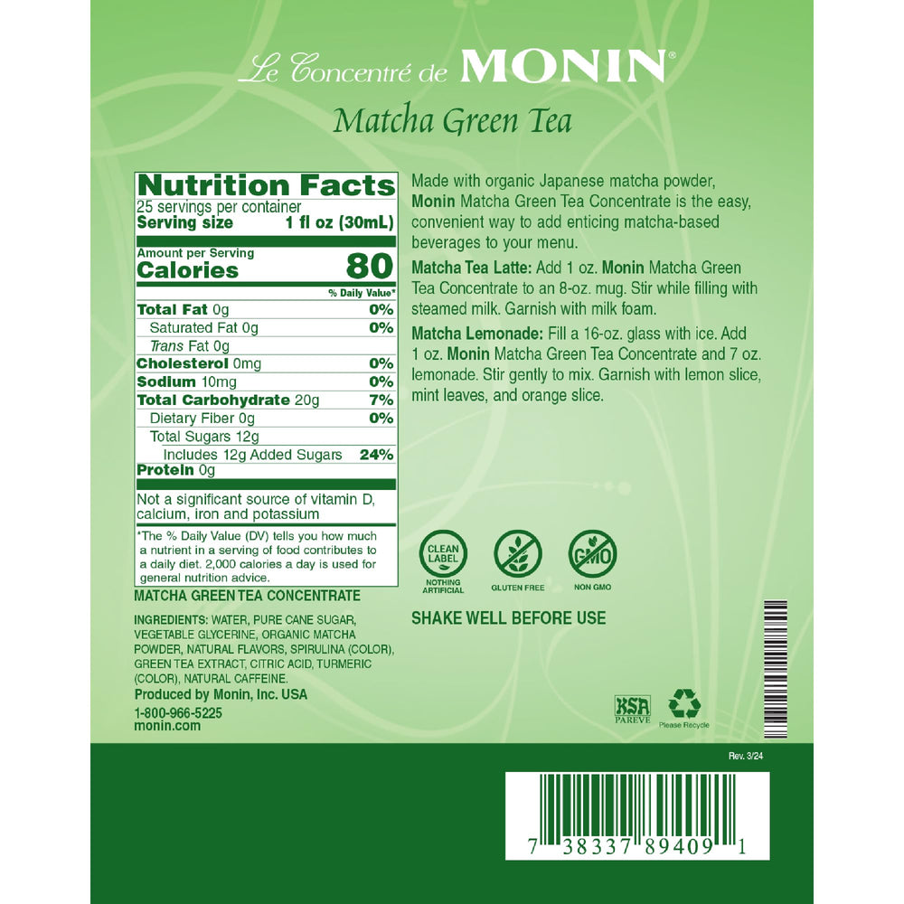 Monin matcha close-up concentrate texture and rich green color for even blending