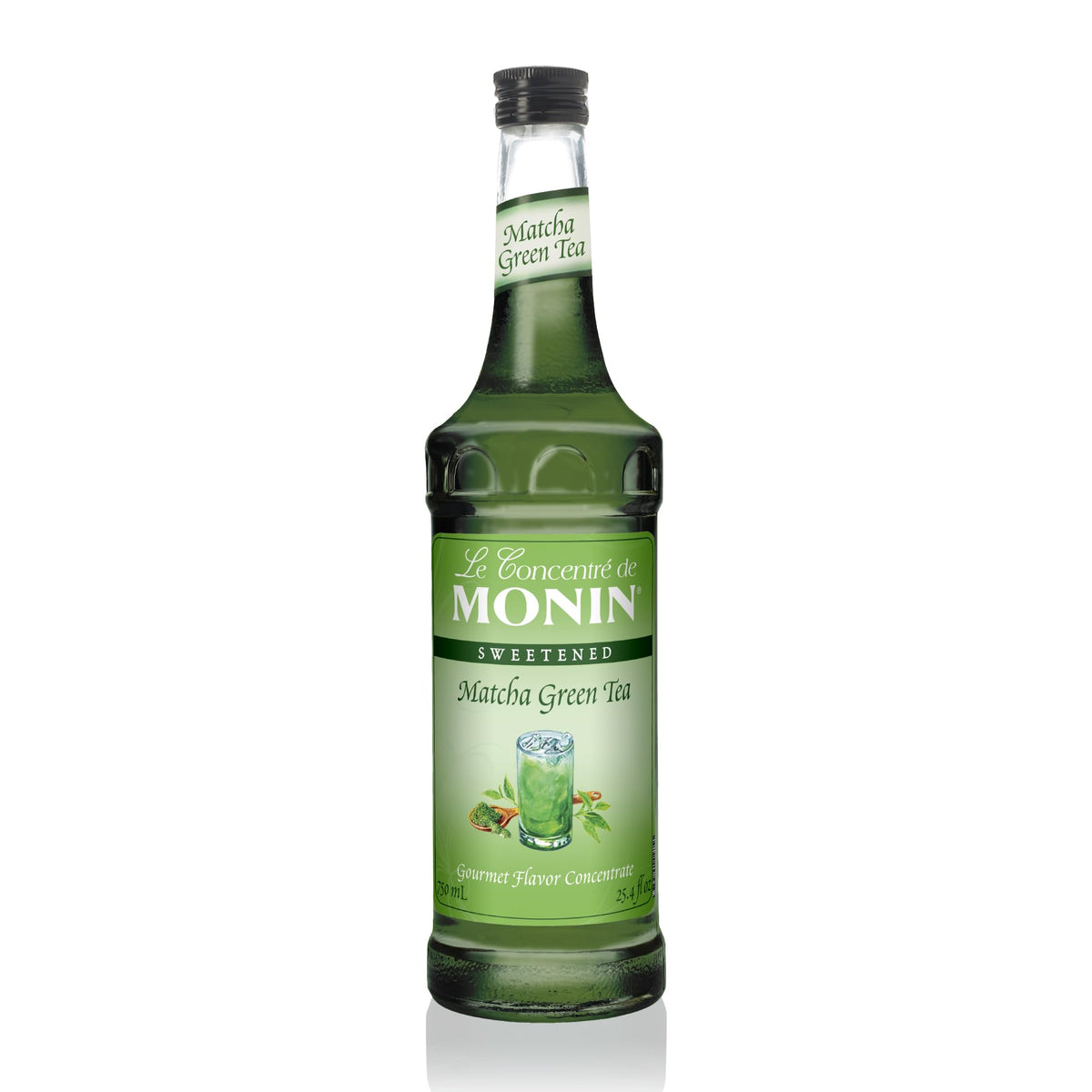 Monin matcha front label on 750ml glass bottle showing product identity and clarity