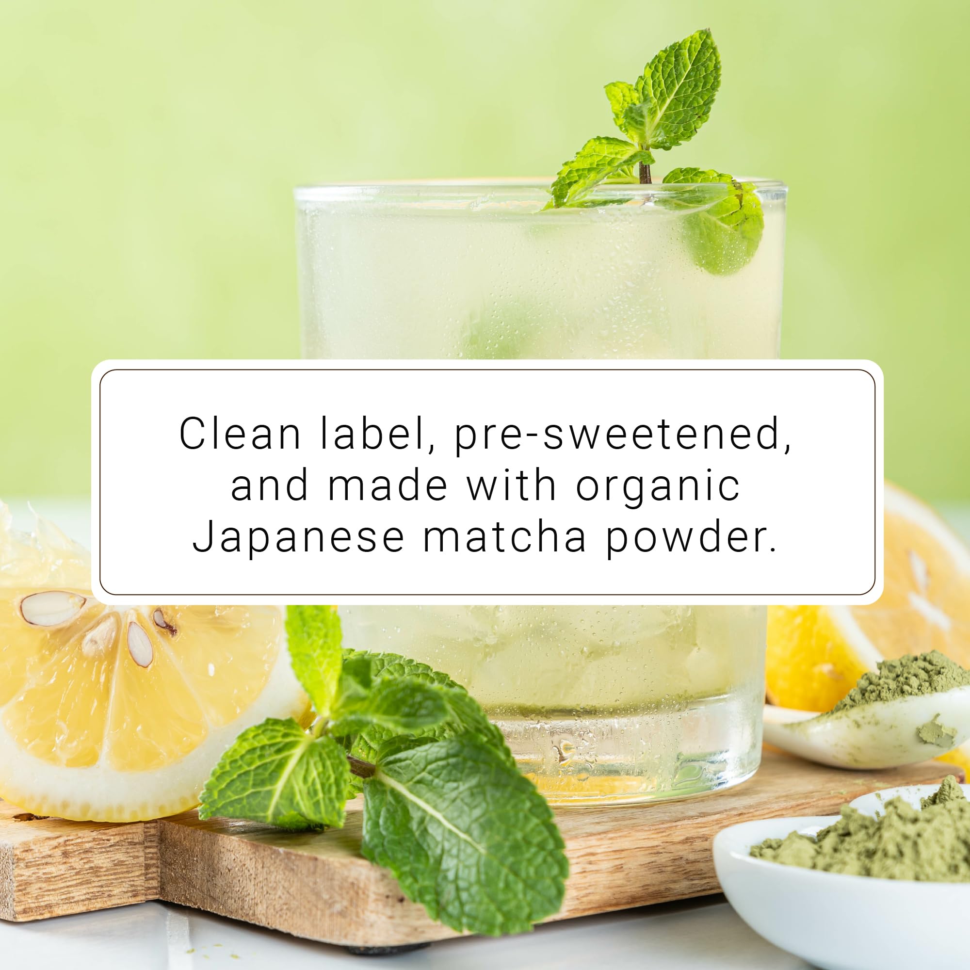 Monin matcha bottle next to a measuring cup to show 750 ml size and serving control