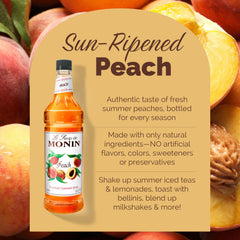 Monin peach syrup label and cap close-up showing brand and ingredient clarity
