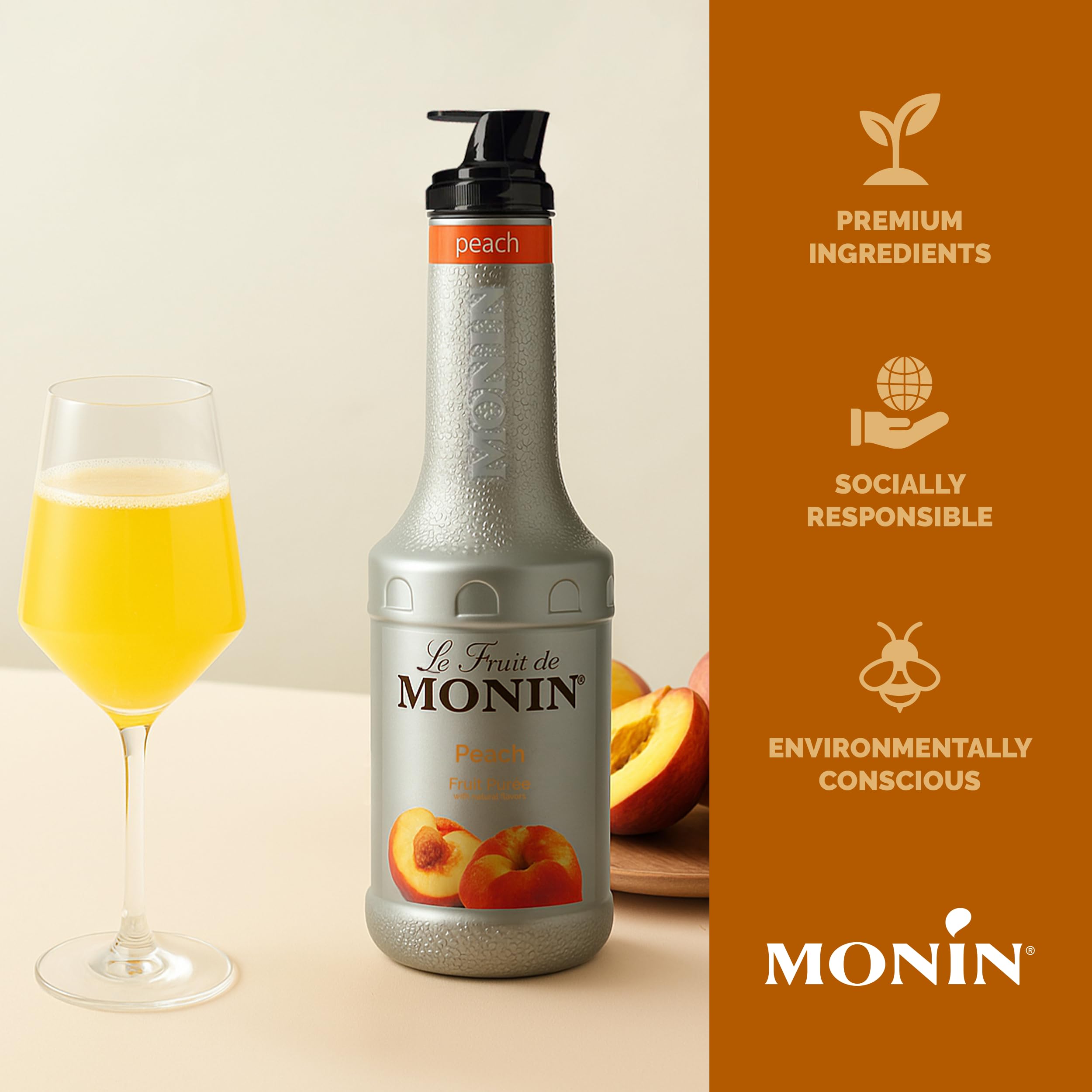 Monin peach purée used in a bellini cocktail, brand delivers consistent bar-quality flavor