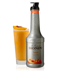 Monin peach purée front label showing product name and volume, clear benefit of authentic flavor