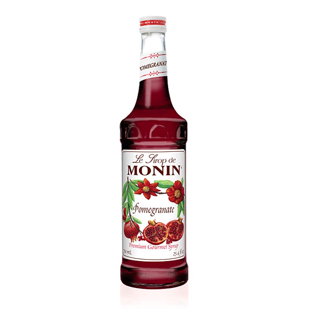 Monin pomegranate syrup front bottle showing brand and deep red color benefit