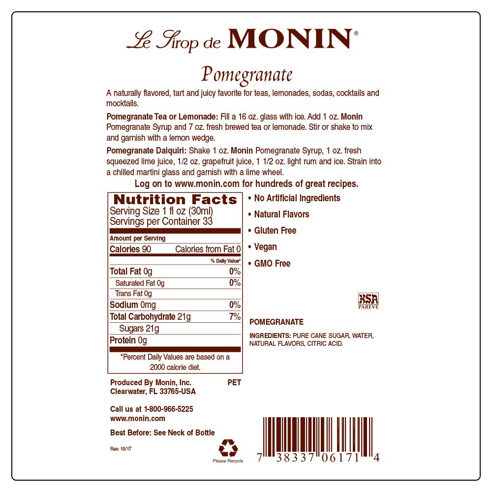 Monin syrup with recyclable packaging emphasizing eco-friendly benefit