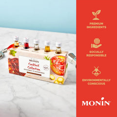 Monin pouring mango syrup into glass demonstrating easy mixability