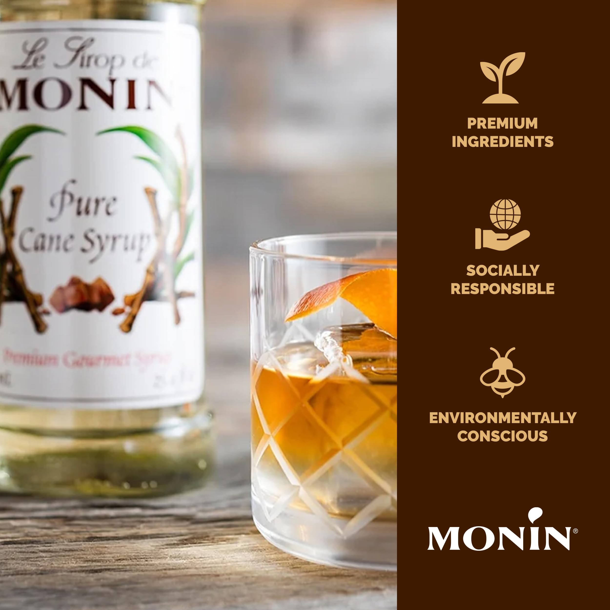 Monin 1L bottle next to glass for size comparison and convenient volume benefit