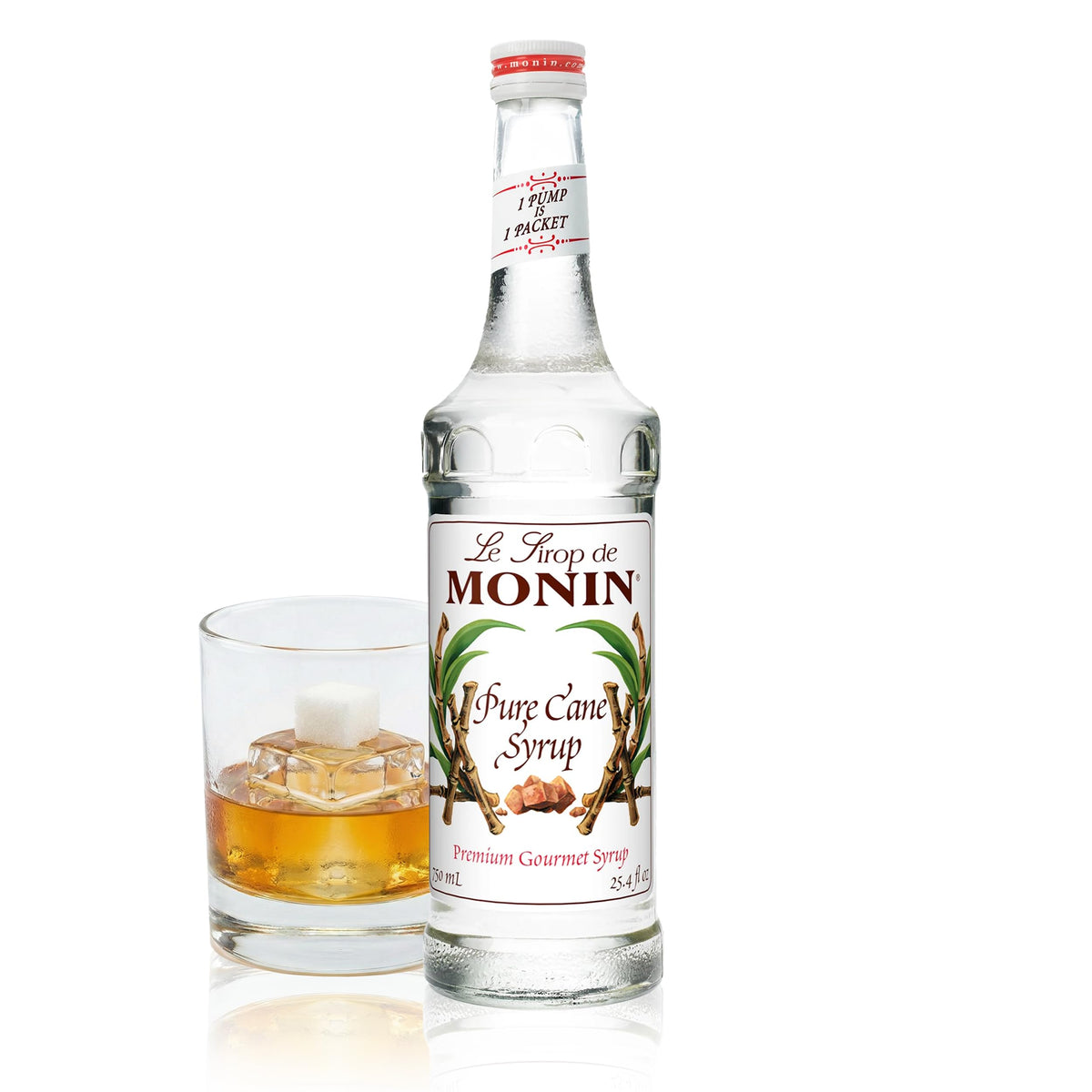 Monin bottle front label showing brand and clear cane syrup benefit