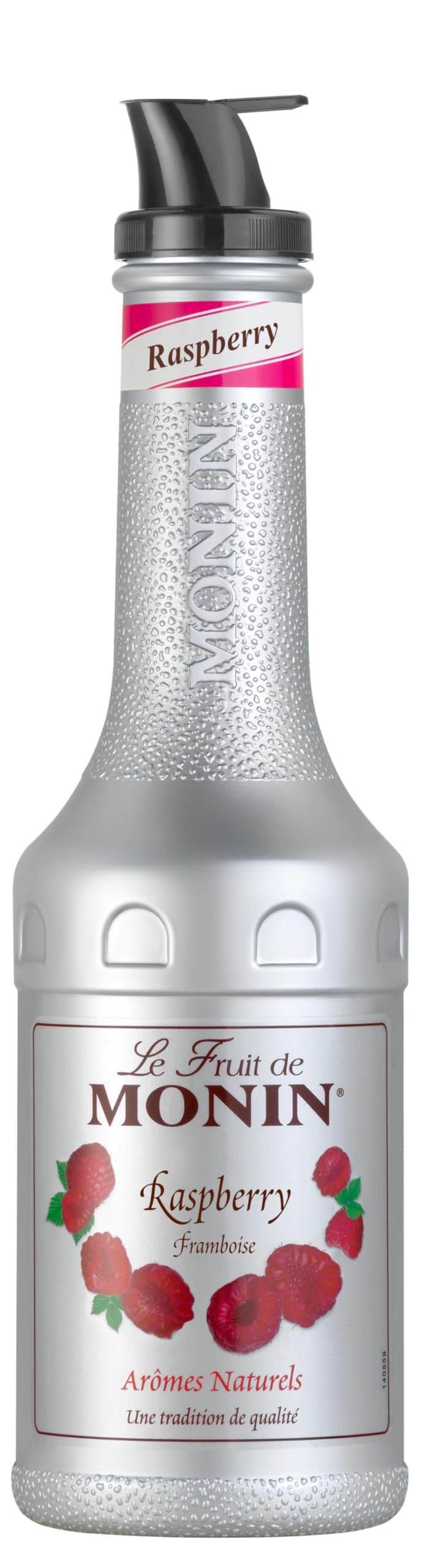 Monin raspberry puree front bottle showing label and 1L size benefit