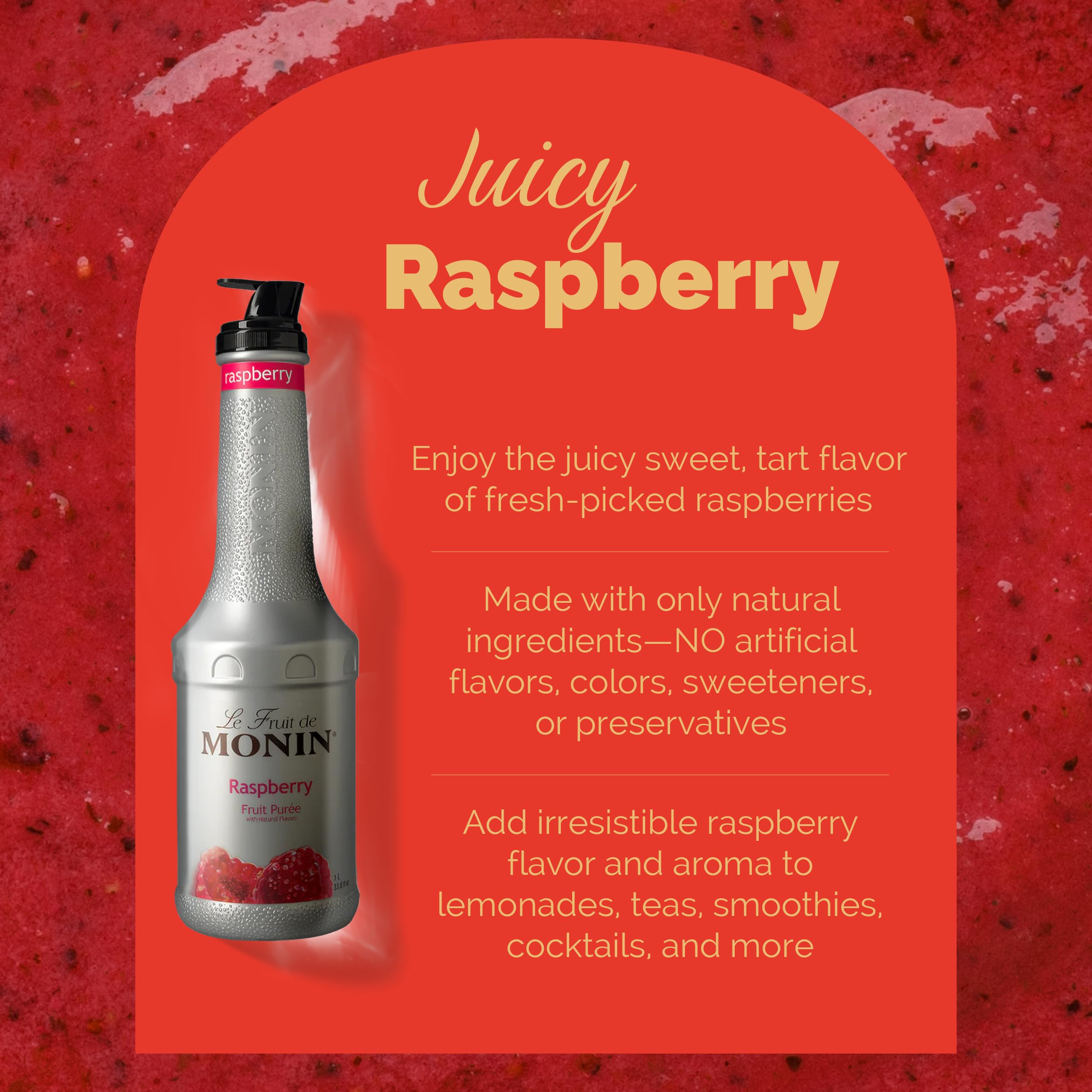 Monin purée being poured into a glass adding bright raspberry flavor