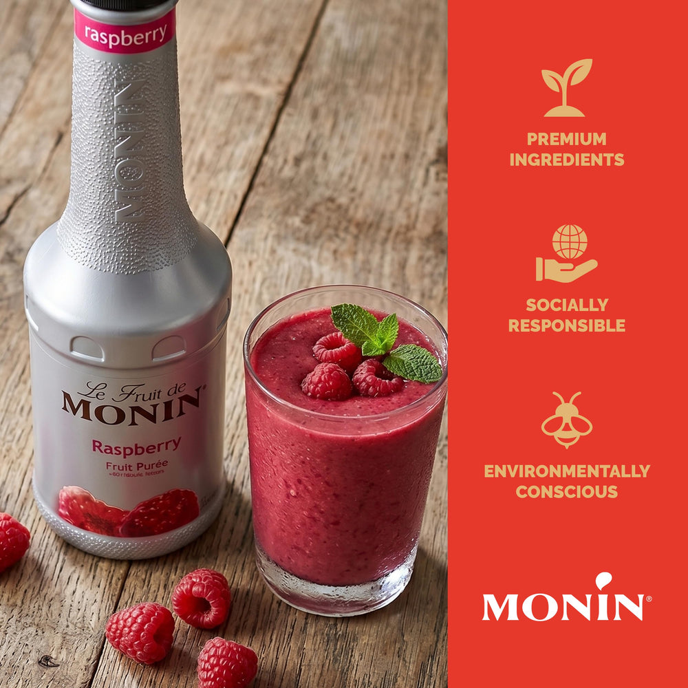 Monin 1L bottle beside a measuring cup illustrating size and yield