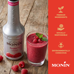 Monin 1L bottle beside a measuring cup illustrating size and yield