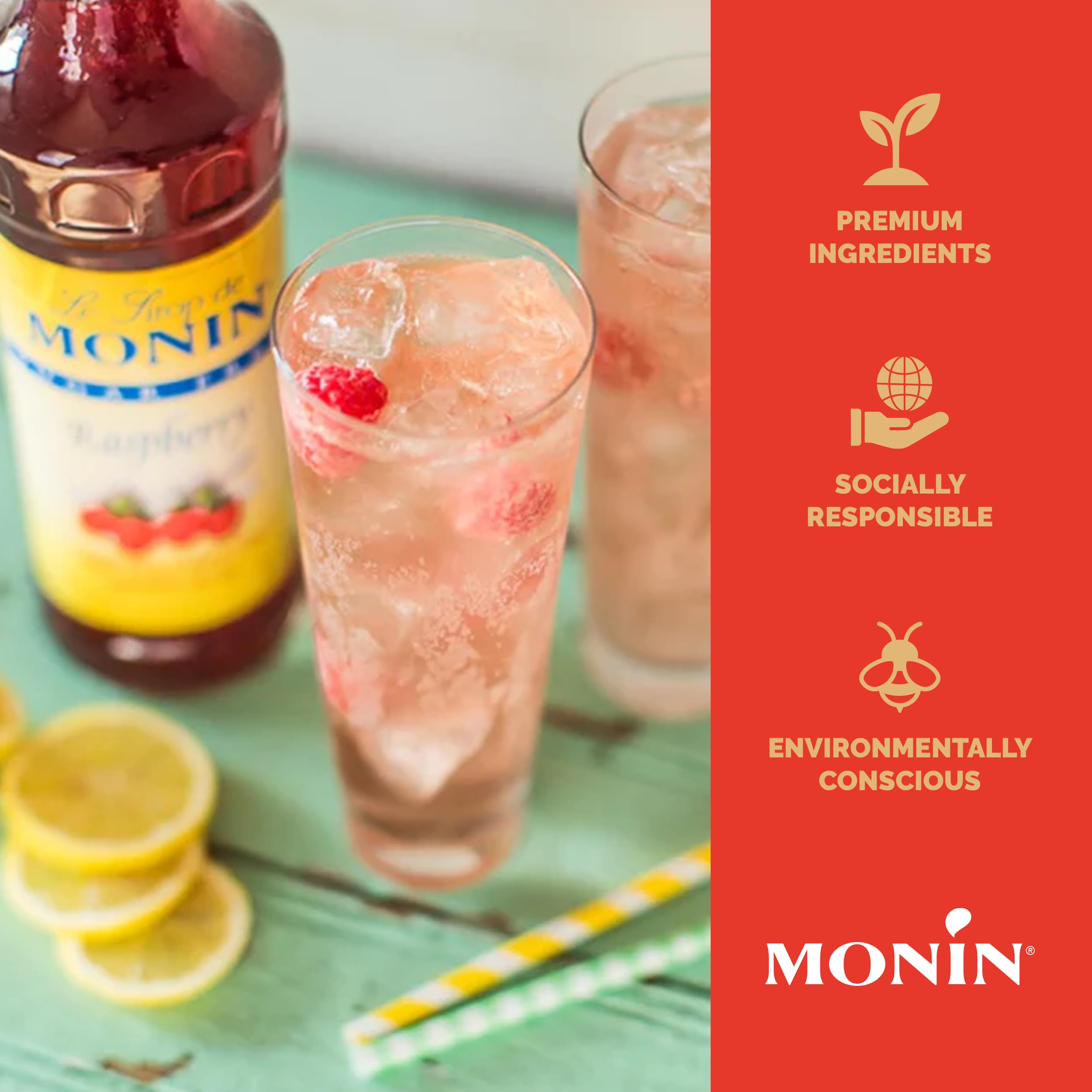 Monin raspberry 1L bottle next to a measuring jigger showing portion control