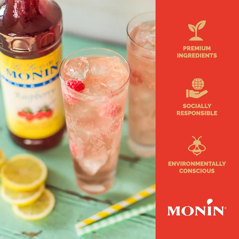 Monin raspberry 1L bottle next to a measuring jigger showing portion control