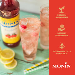 Monin raspberry 1L bottle next to a measuring jigger showing portion control