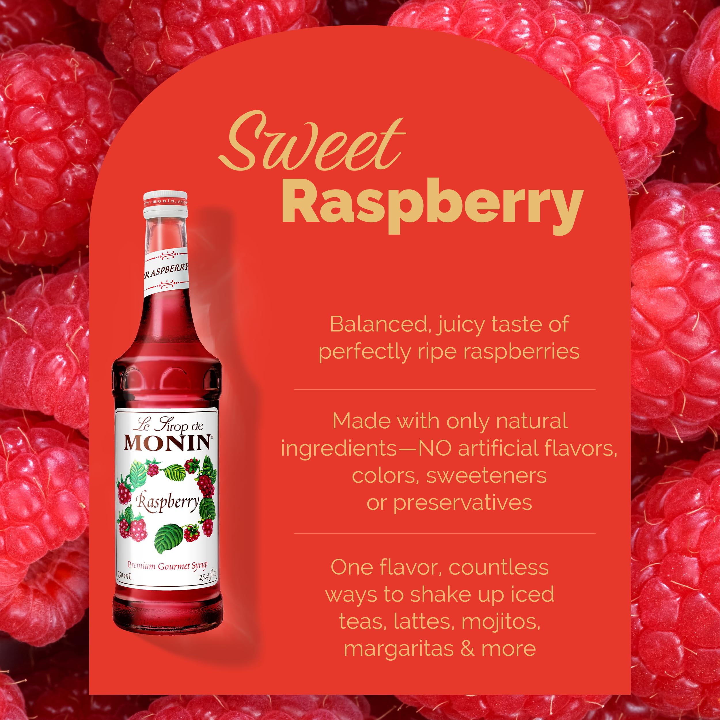 Monin syrup pouring from pump close-up showcasing smooth texture and vibrant raspberry color