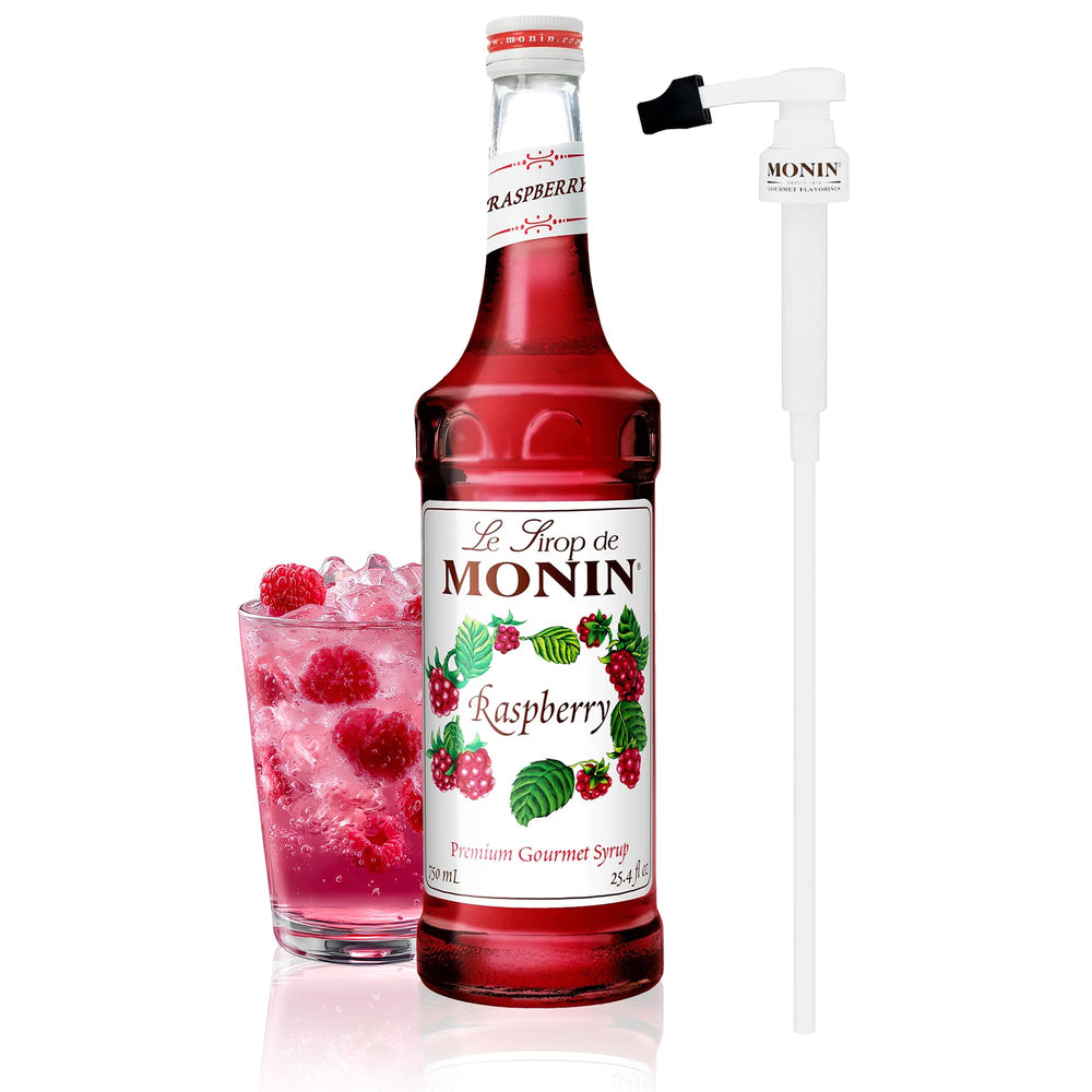 Monin bottle front boxed showing raspberry syrup and branding for quick identification and shelf appeal