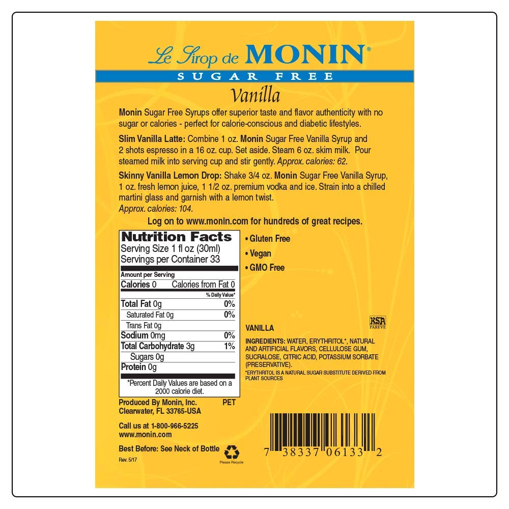 Monin recyclable packaging and box display highlighting sustainability and recycling benefit