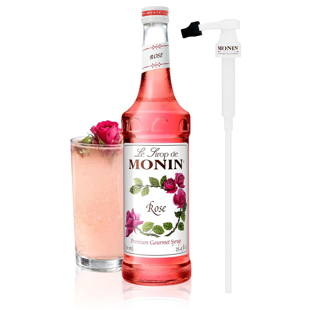 Monin front bottle view showing rose syrup and elegant label, enhances drink presentation