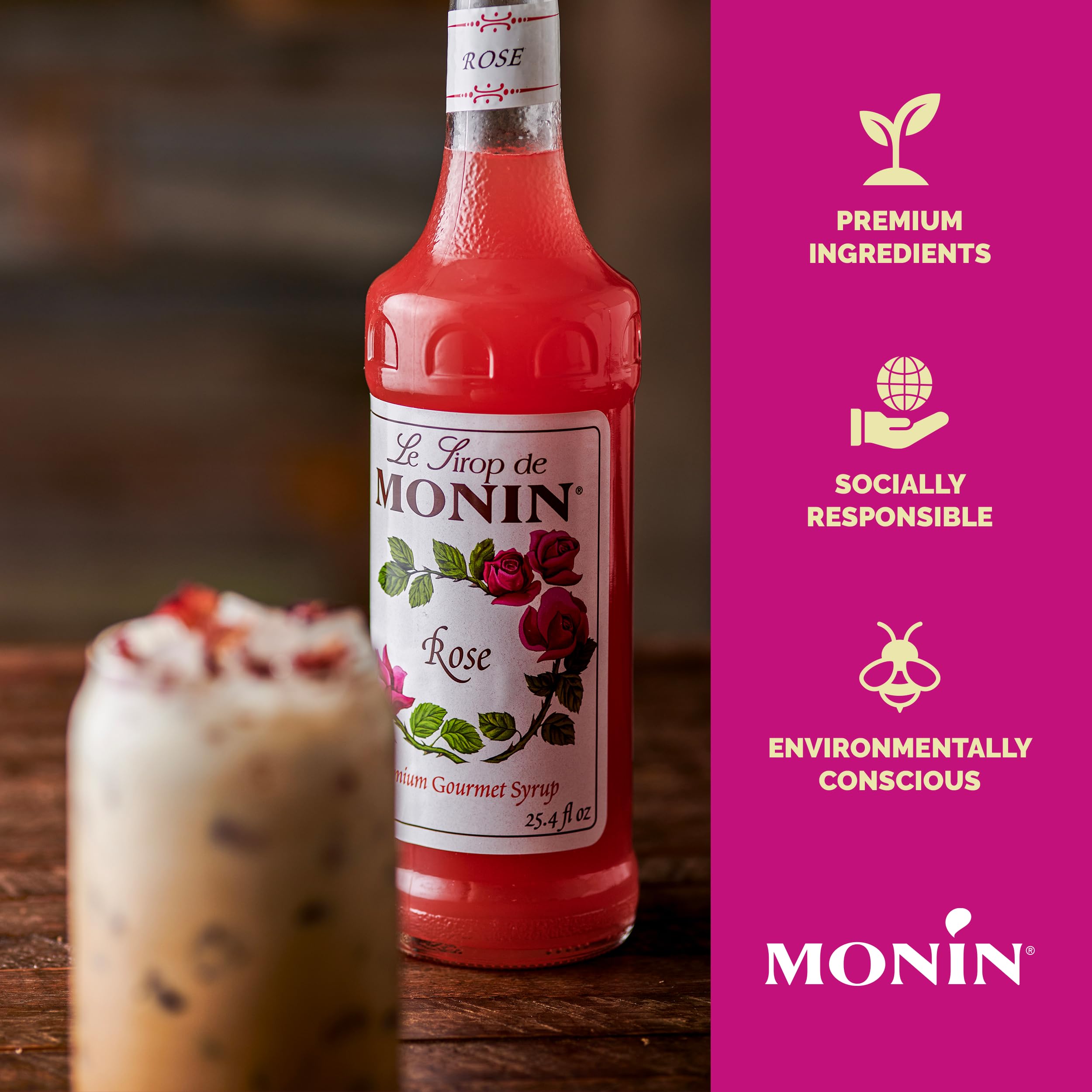 Monin rose syrup in a garnished cocktail, adds floral aroma to beverages