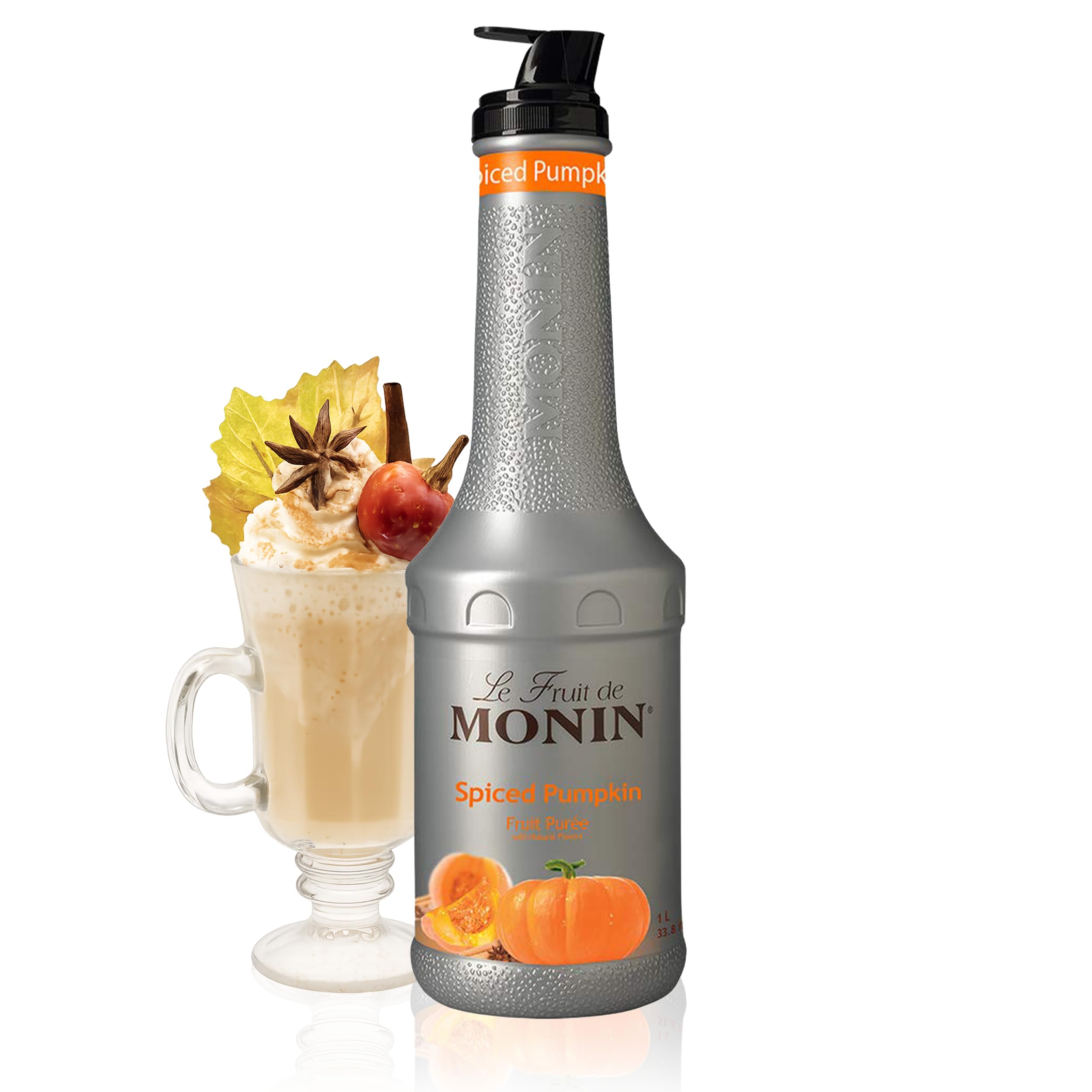 Monin bottle front view showing brand and spiced pumpkin purée, highlights convenience