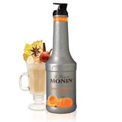 Monin bottle front view showing brand and spiced pumpkin purée, highlights convenience