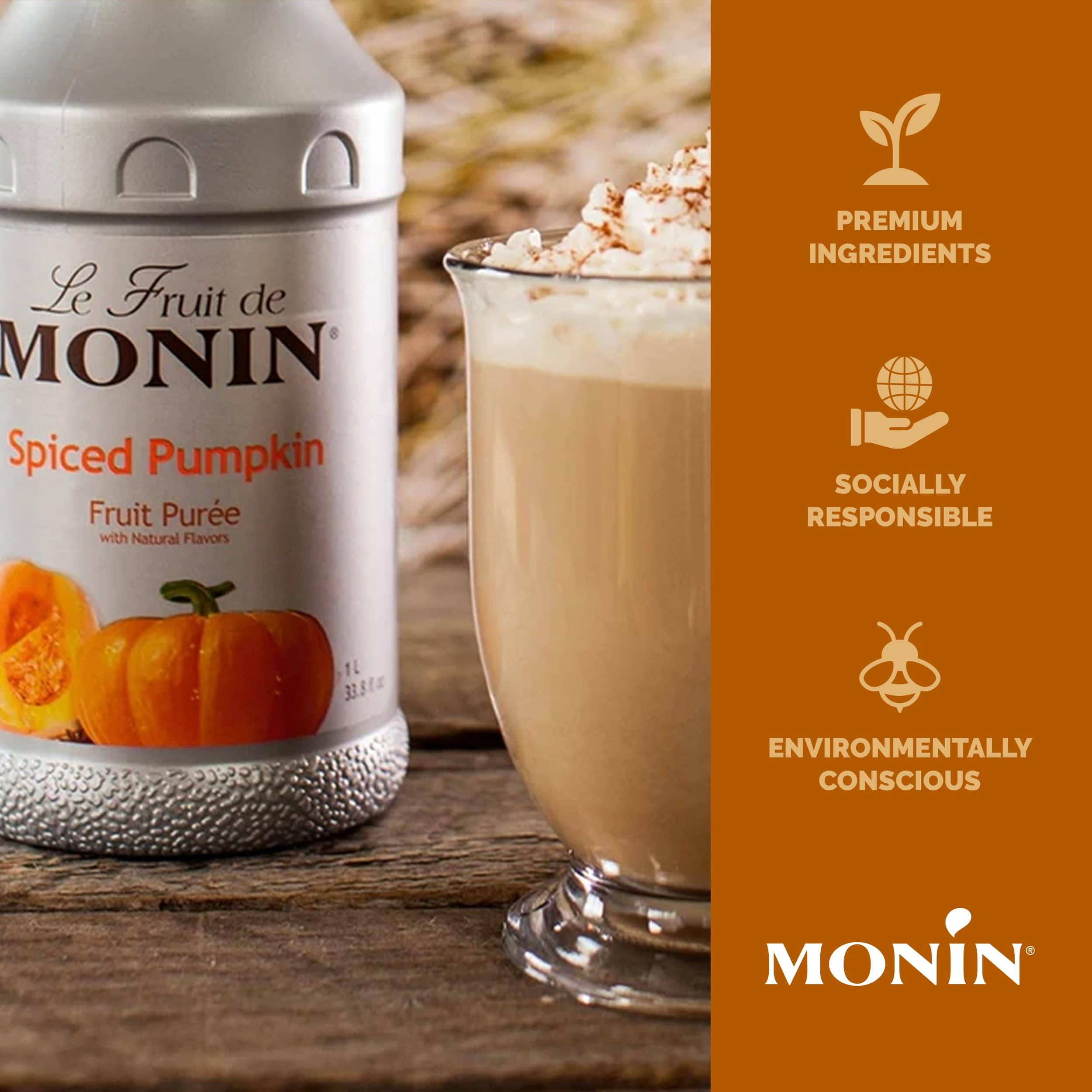 Monin 1 liter bottle beside cup for scale, demonstrates professional quantity