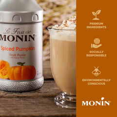 Monin 1 liter bottle beside cup for scale, demonstrates professional quantity