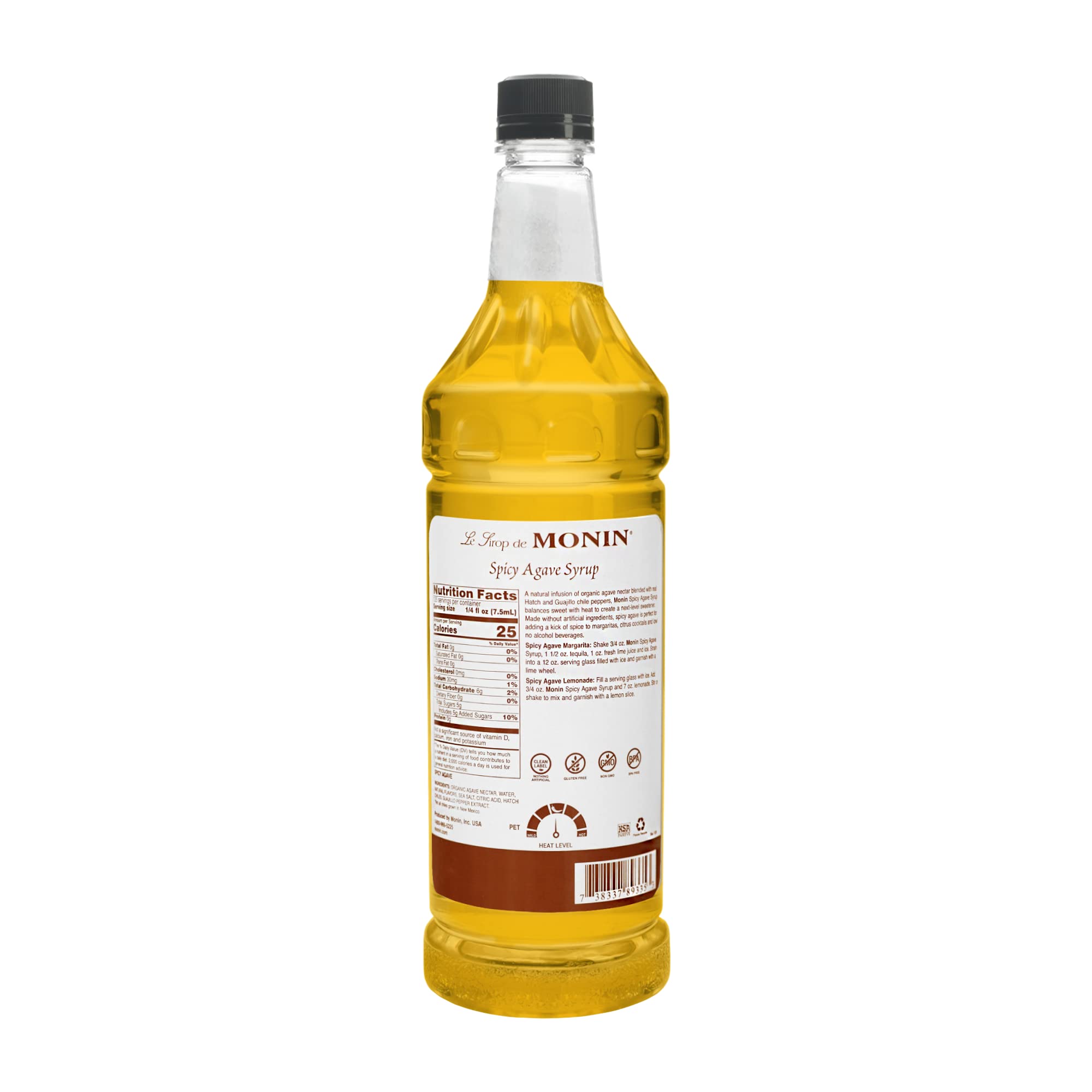 Monin spicy agave label closeup highlighting ingredients and organic benefit
