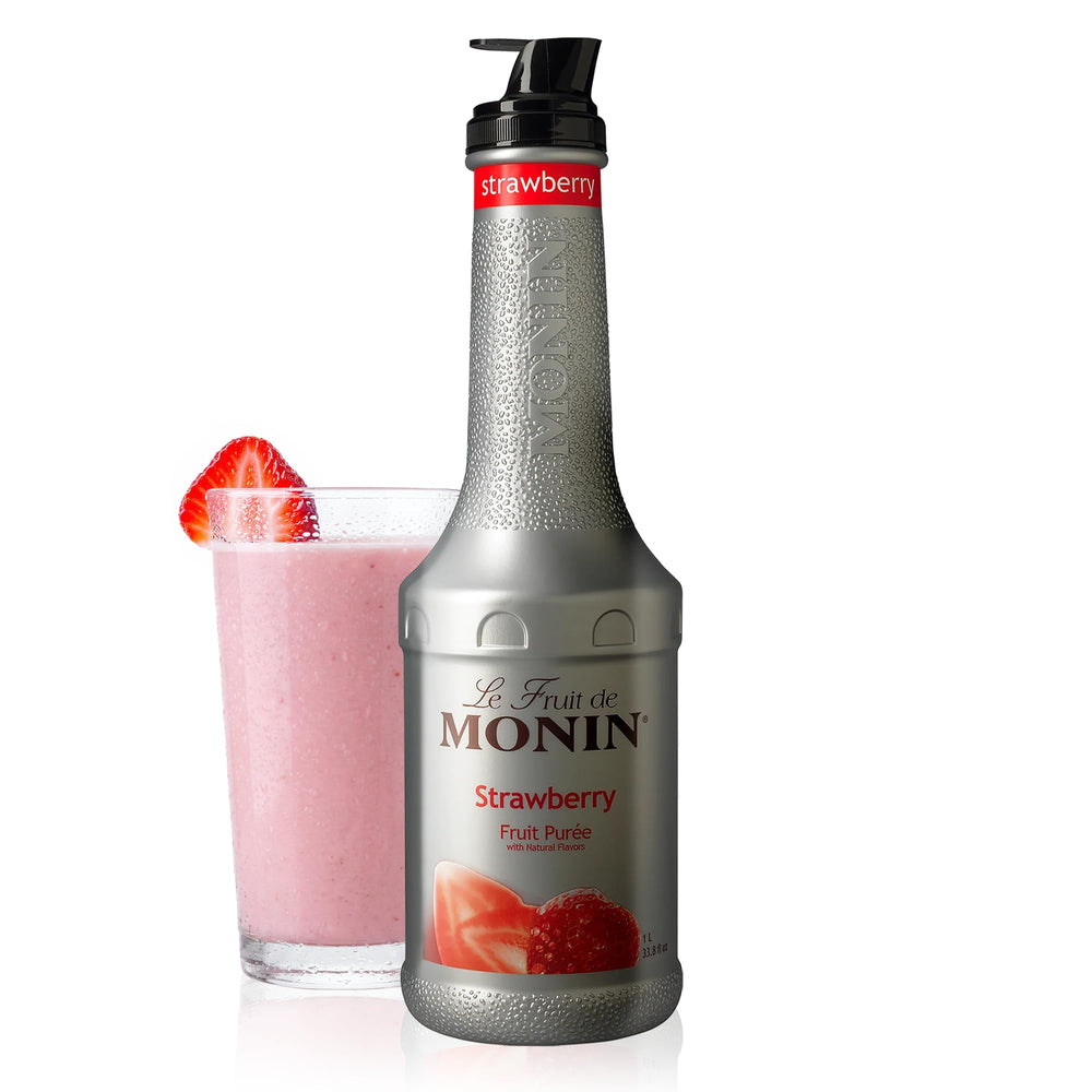 Monin strawberry purée front bottle showing brand and label for easy identification
