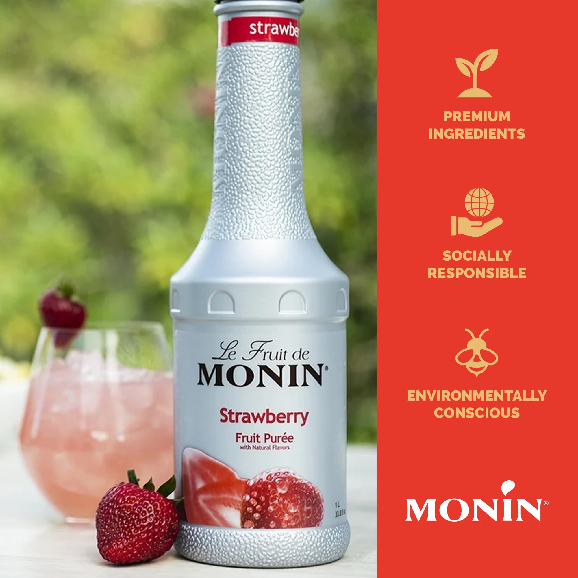 Monin strawberry purée next to a measuring cup showing 1 liter scale and yield